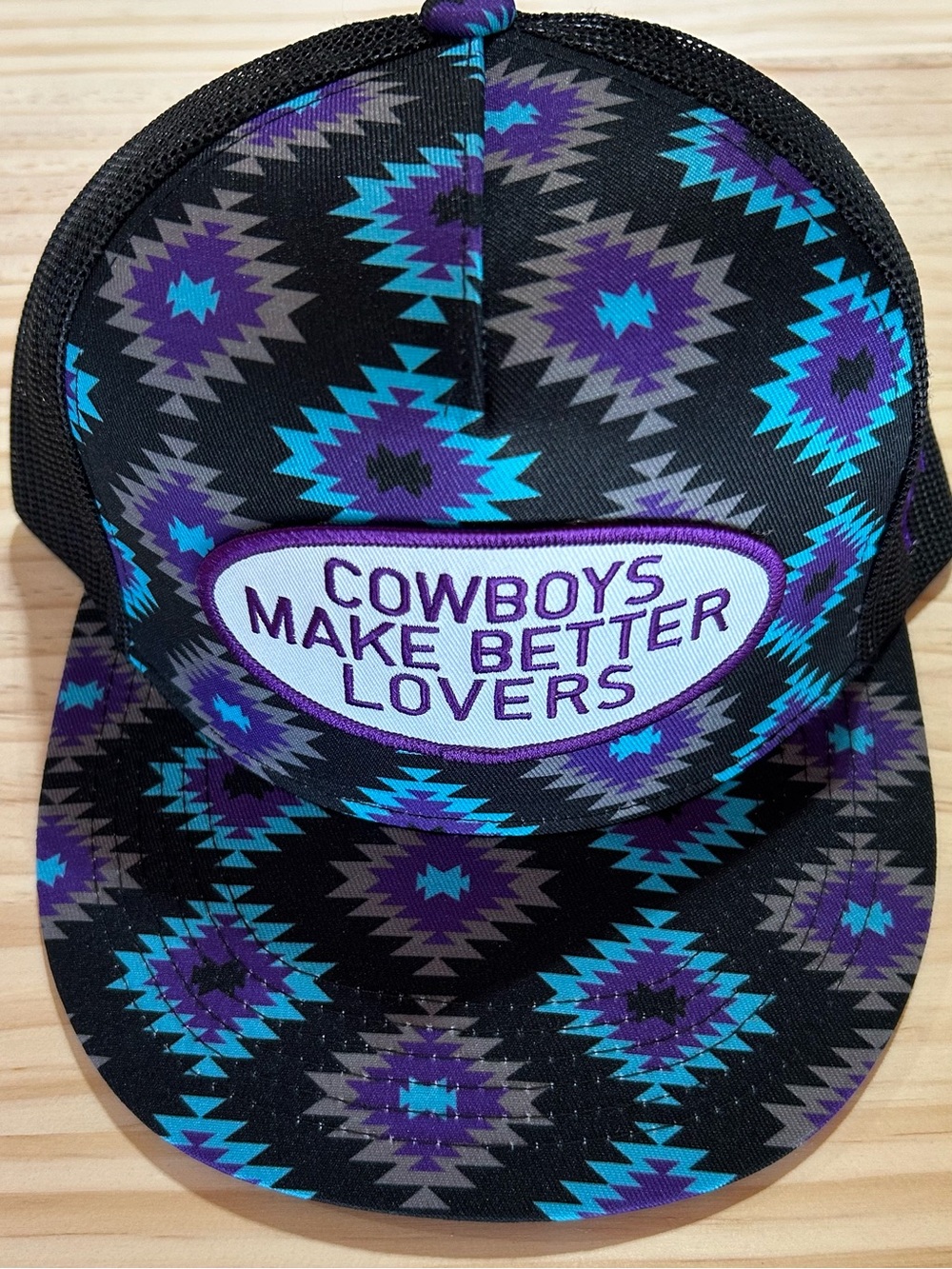 Cactus Alley-Aztec Print Trucker Hat — Black with Purple & Teal